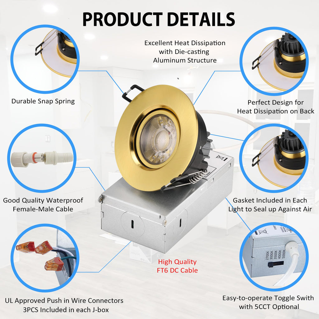 3 Inch Gimbal LED Recessed Lights 6 Pack,Adjustable Downlight, Gold