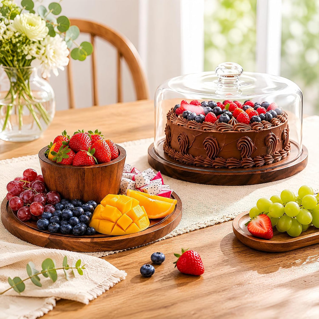 Acacia Wood Cake Stand with Lid - 12 Inch Magnetic Detachable Cake Stand with Dome, Shatterproof Acrylic Cover