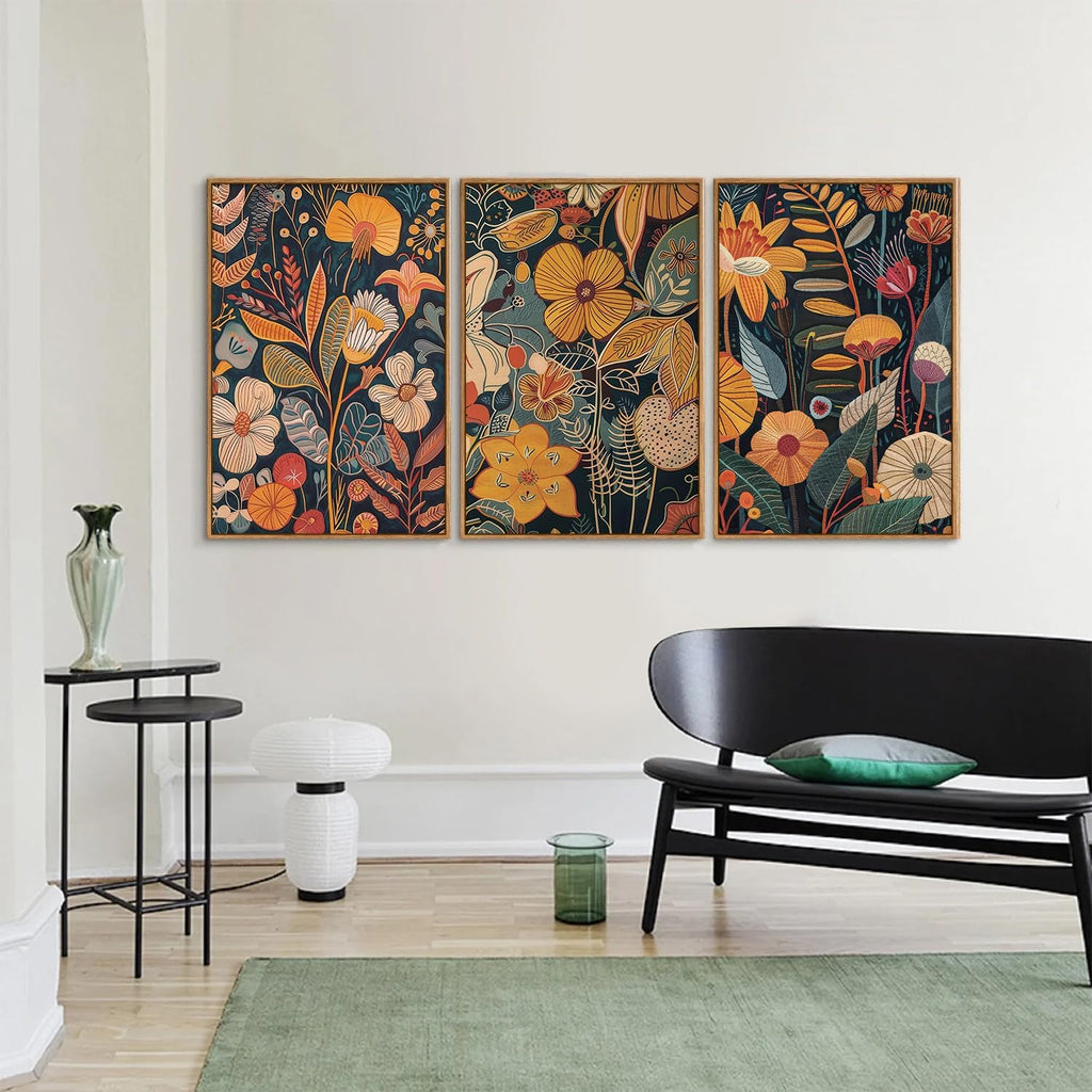Orange Floral Framed Canvas Wall Art Set of 3, Mid Century Modern Flower Wall Decor, Neutral Plant Artwork, Boho