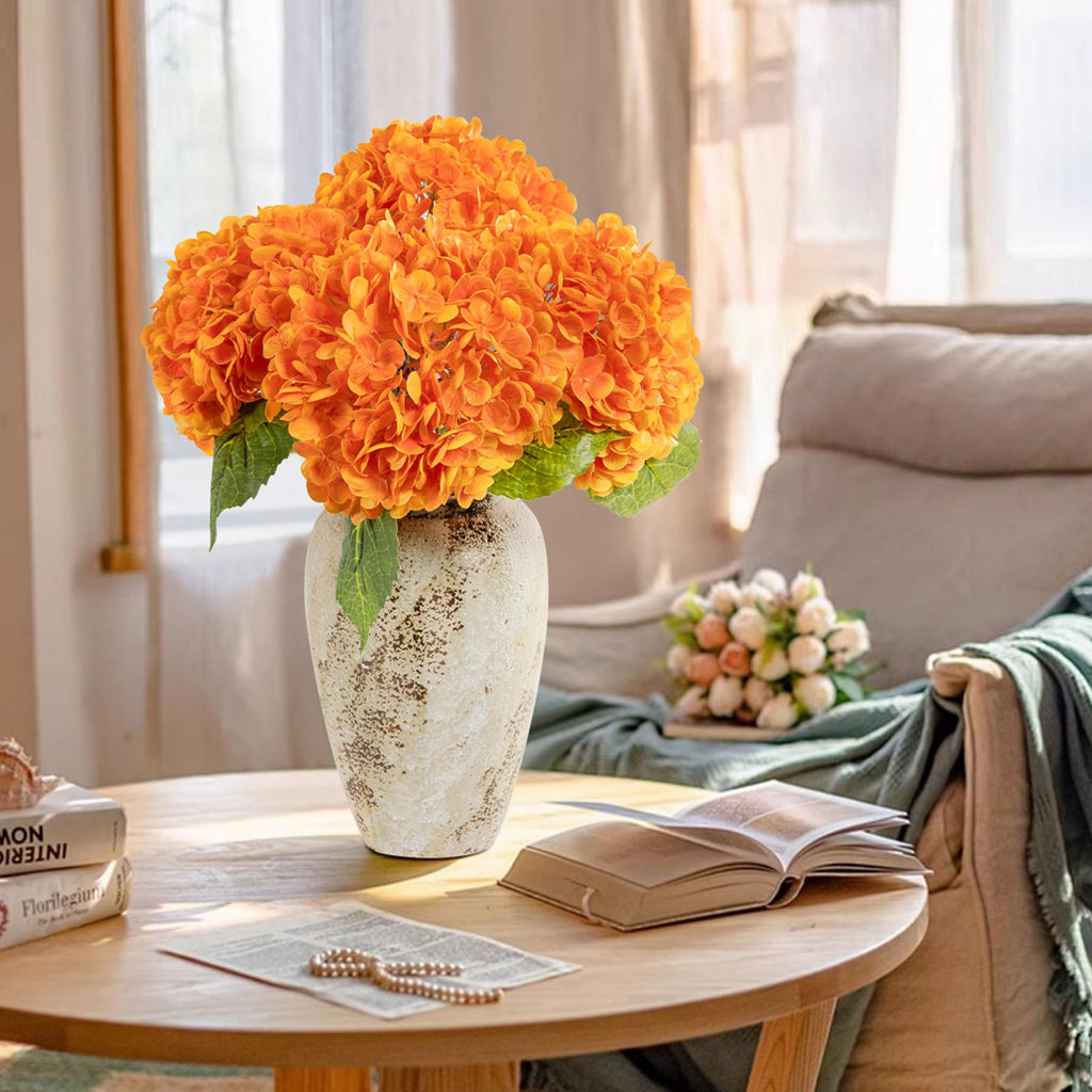 Fall Decor, 3 Pcs Orange Hydrangea Artificial Latex Real Touch Faux Hydrangeas Lifelike Fake Hydrangea for Wedding