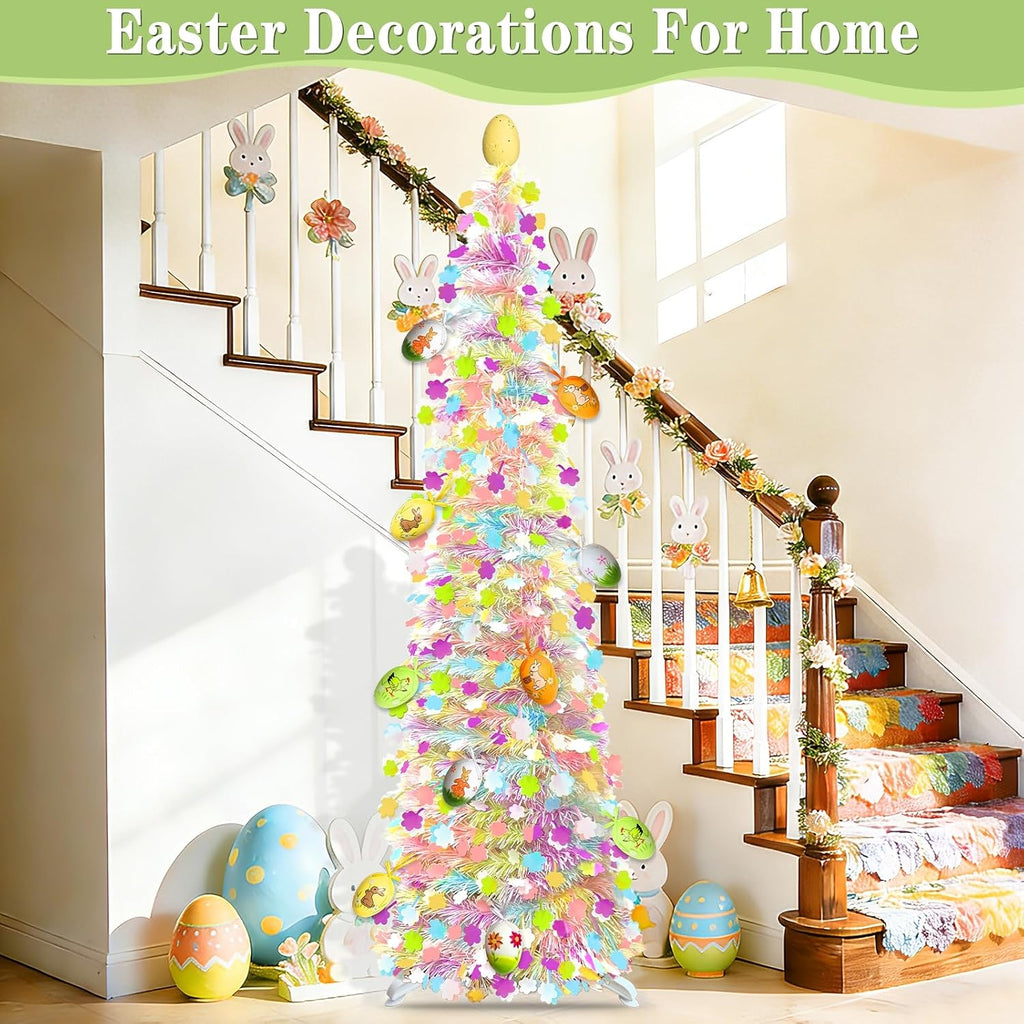 Timer - Easter Decorations, 5Ft Lighted Easter Tree with 50 LED Warm White Lights 12 Colorful Eggs Ornaments Battery