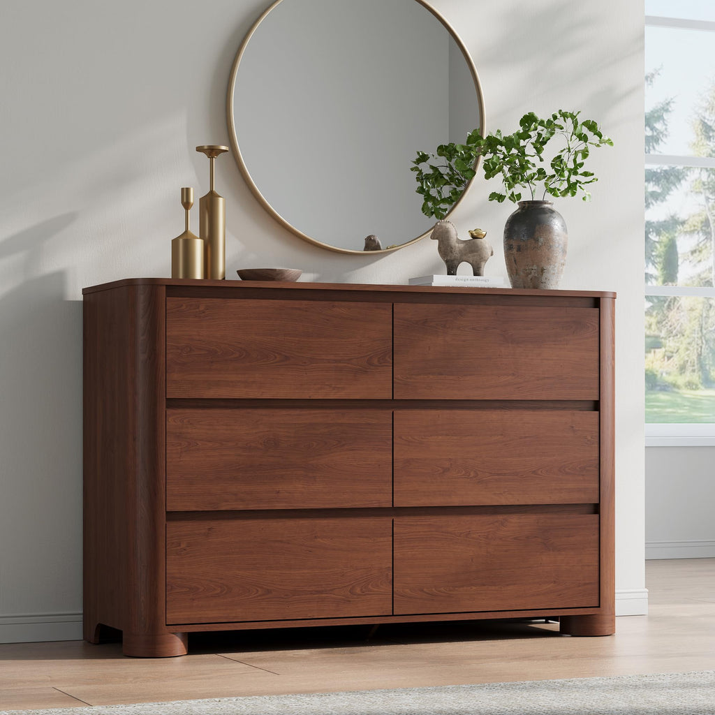 Walnut 6 Drawer Dresser, 47" Wide Chest of Drawers