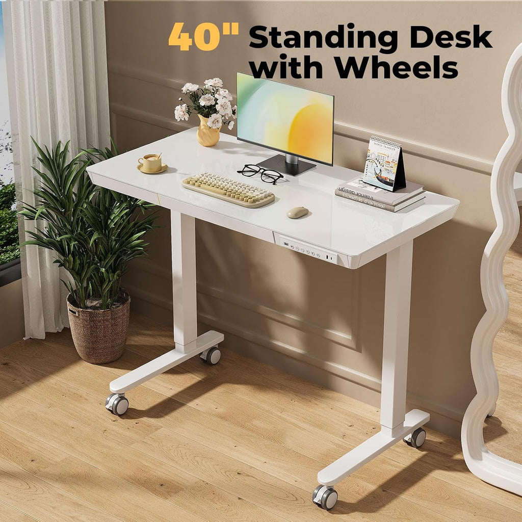 40" Glass Standing Desk with Drawer, Electric Stand up Desk | Height Adjustable Desk with One-Piece Tabletop & USB