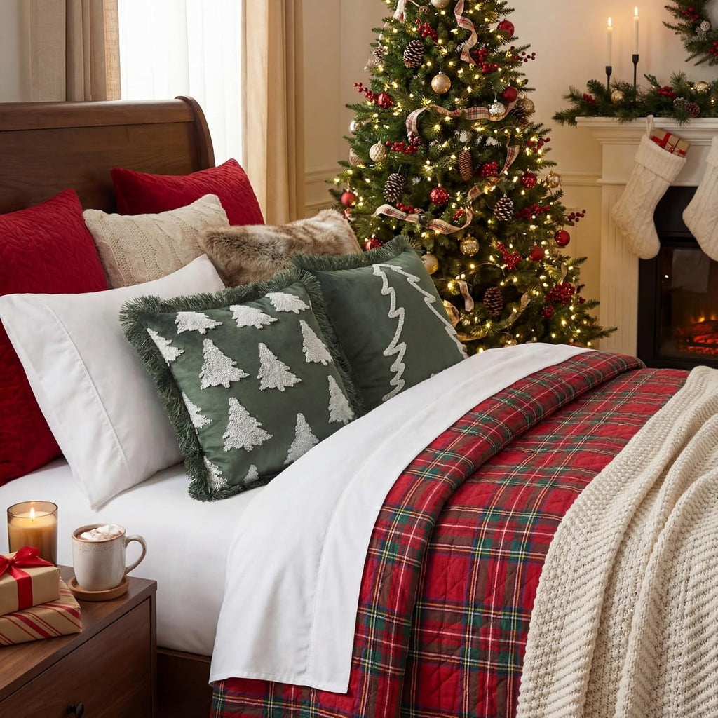 Velvet Christmas Pillow Covers 18x18 Inch Fringe Christmas Tree Embroidery Pillowcase Dutch Velvet Boho - Set of 2