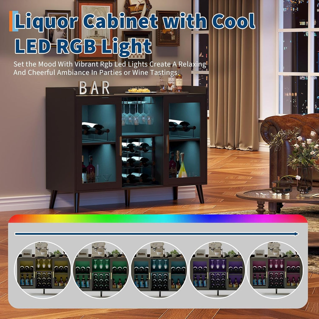 Freestanding Wine Bar Cabinet with Wine Rack and LED Light, Kitchen Sideboard and Buffet Cabinet Coffee Bar with