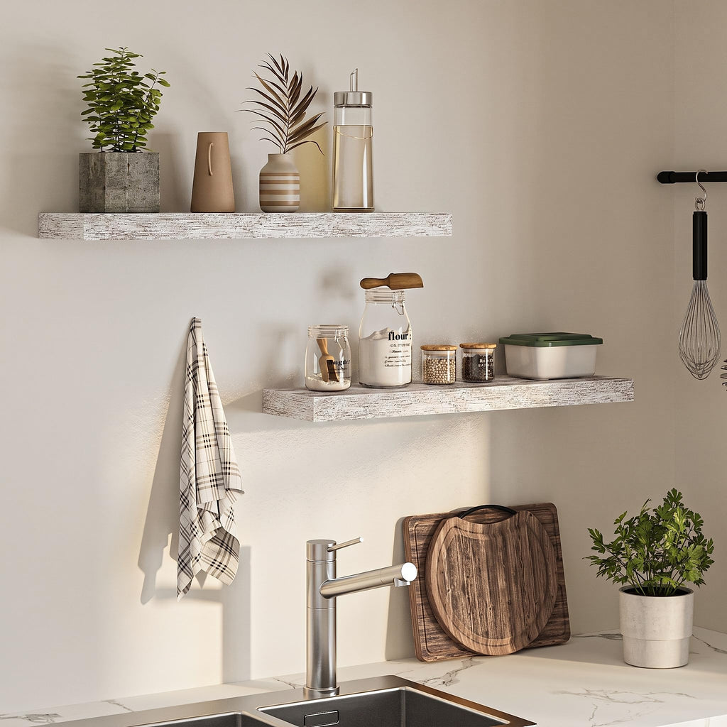 32" Floating Shelves for Wall, Wooden Wall Shelf, 2 Pack, Rustic White