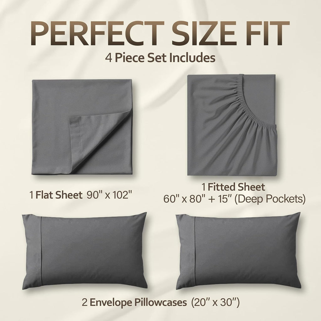 Queen 4 Piece Sheet Set, Extra Soft Cooling & Breathable Microfiber, Includes 1 Flat Sheet, 1 Fitted Sheet & 2