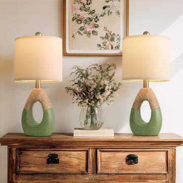 19" Table Lamps Set of 2, Bedside Lamps, Lamps, Farmhouse Rattan Table Lamp, Small Space Nightstand Lighting