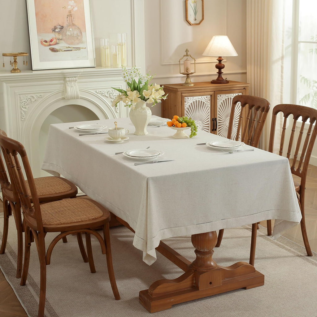 Linen Blend Rectangle Tablecloth - Handmade Hemstitch, 60" x 120"