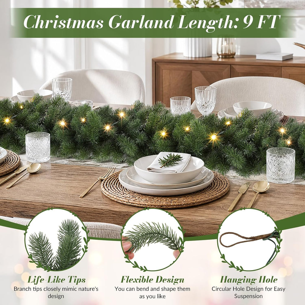 9FT Pre-Lit Christmas Garland, Lighted Norfolk Pine Garland
