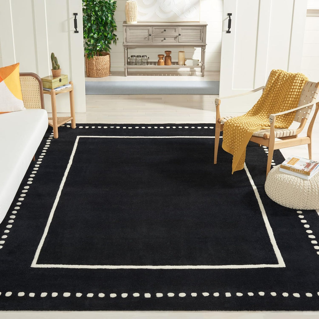 Area Rug 8x10 - Bella - Large - Black & Ivory, Handmade Wool, Dotted Border Design