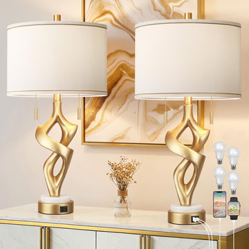 Gold Table Lamps Set of 2, Modern Nightstand Lamps with Marble Base & Charging Ports, Rustic Resin Table Lamp s with