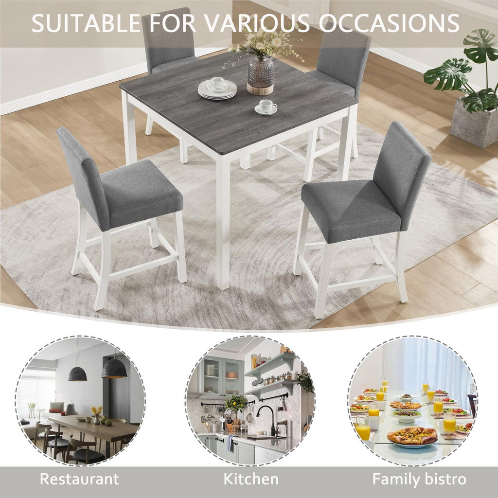 5-Piece Counter Height Dining Table Set with Chairs for 4, Wooden Modern Square Kitchen Table and Chairs Set, Space
