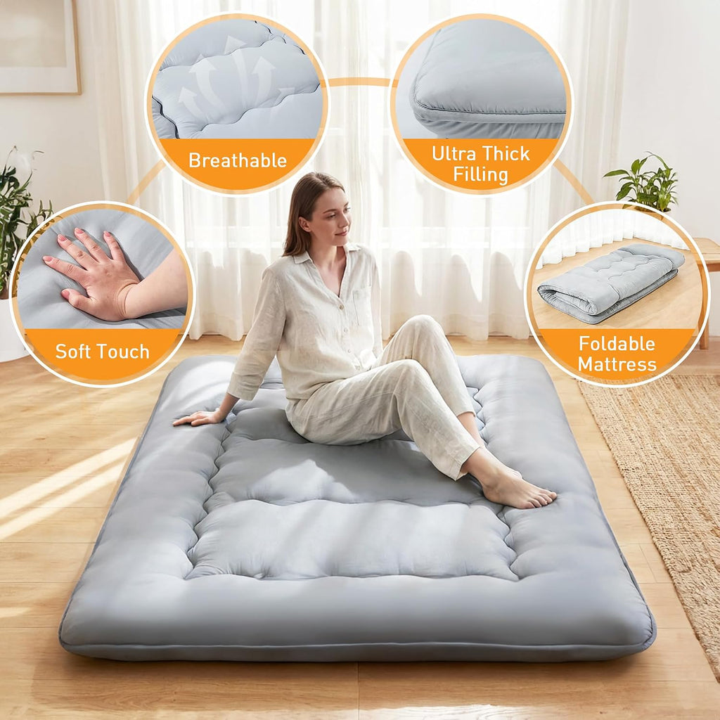 Japanese Floor Mattress, 4" Thick Futon Mattress, Gray