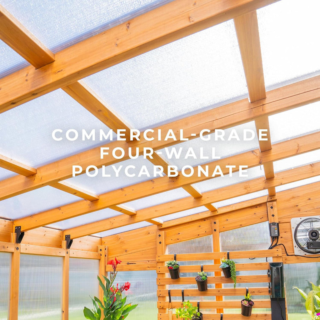Discovery Willow 9' x 6' Cedar Wood and Polycarbonate Walk-in Greenhouse Kit with Exhaust Fan, Windows, Hose