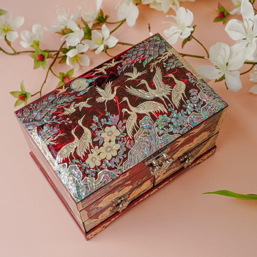 Korean Mother of Pearl Jewelry Box - 2-Drawer Keepsake Box with Mirror, Traditional Oriental Trinket Organizer - Gift
