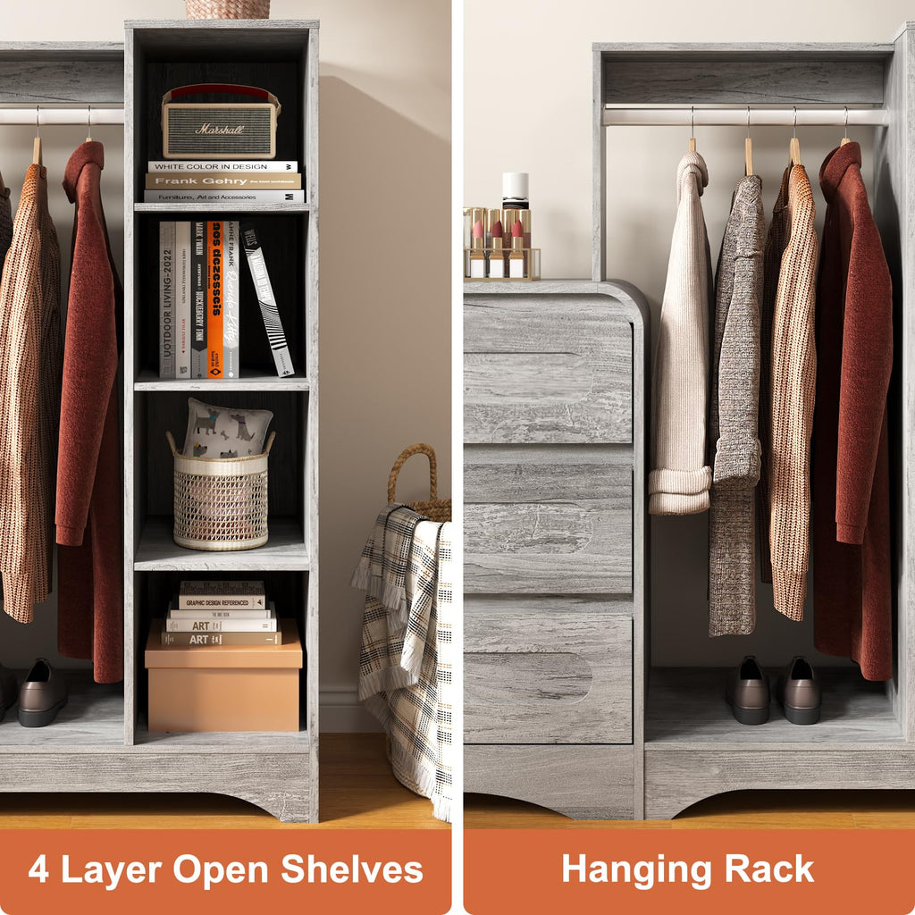 Dresser with Clothes Hanging Rack, Wardrobe Closet w/ 3 Drawers and Shelves