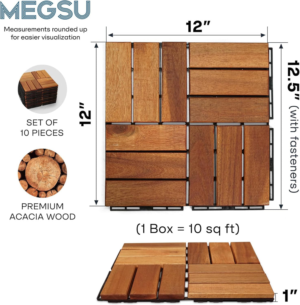 Wood Interlocking Deck Tiles - 12"x12" Indoor & Outdoor Flooring Tiles for Balcony, Backyard & Poolside, Weather & UV