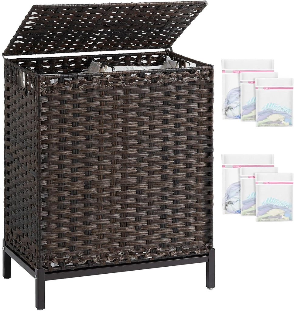 Laundry Hamper with Lid, 29.6 Gal 2-Bag Clothes Sorter, Brown | 112L 2-Section PE Rattan Hamper with Lid, Metal