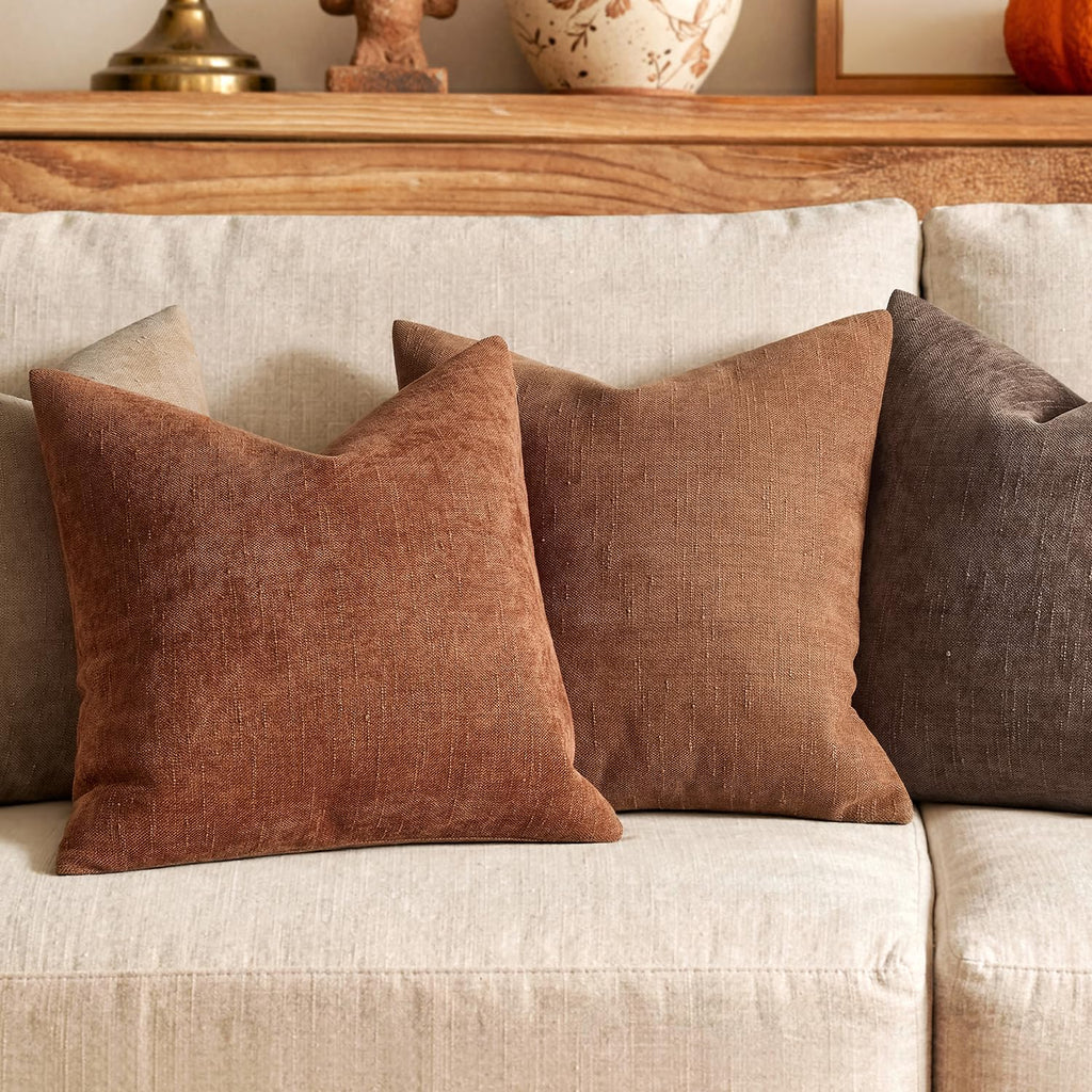Textured Chenille Fall Throw Pillow Covers 22x22 Inch Dark Rust