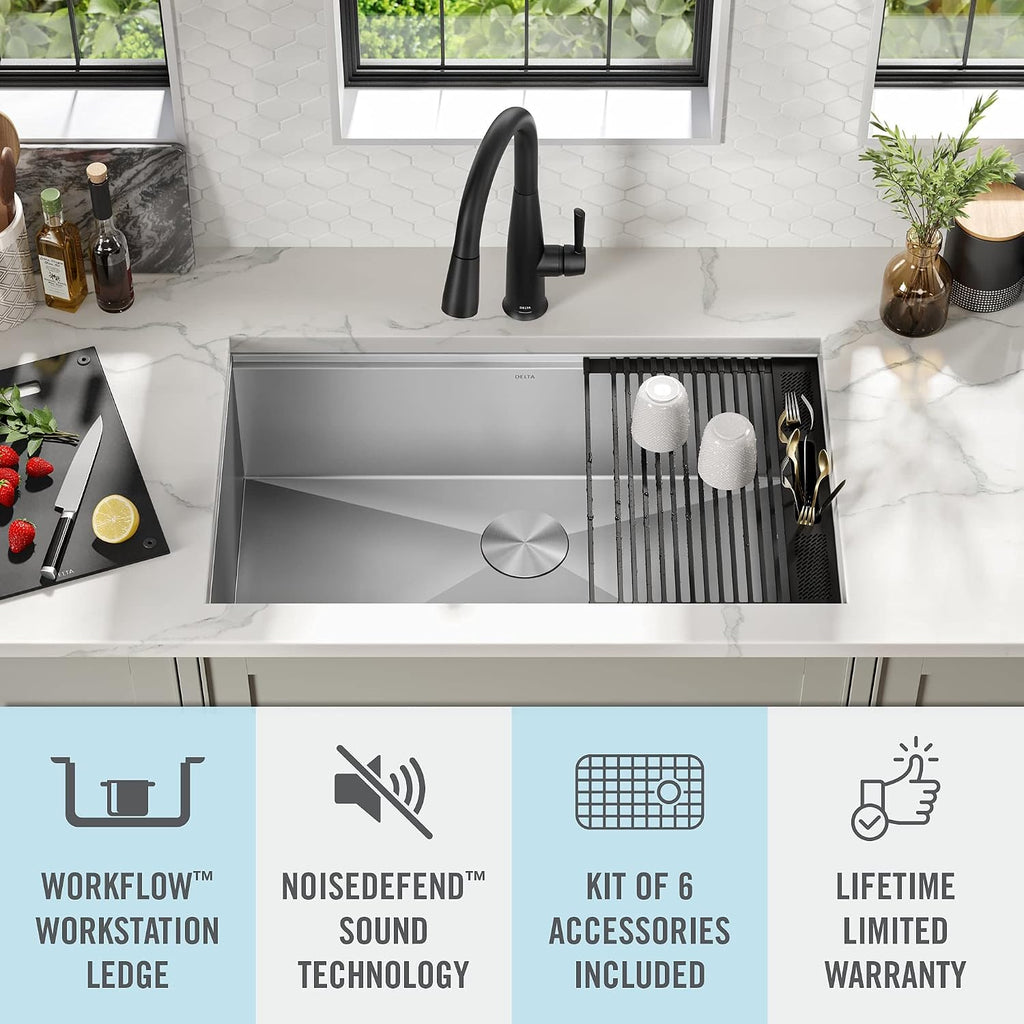 Rivet 32-Inch Workstation Kitchen Sink Undermount 16 Gauge Stainless Steel Single Bowl with WorkFlow Ledge and Chef's