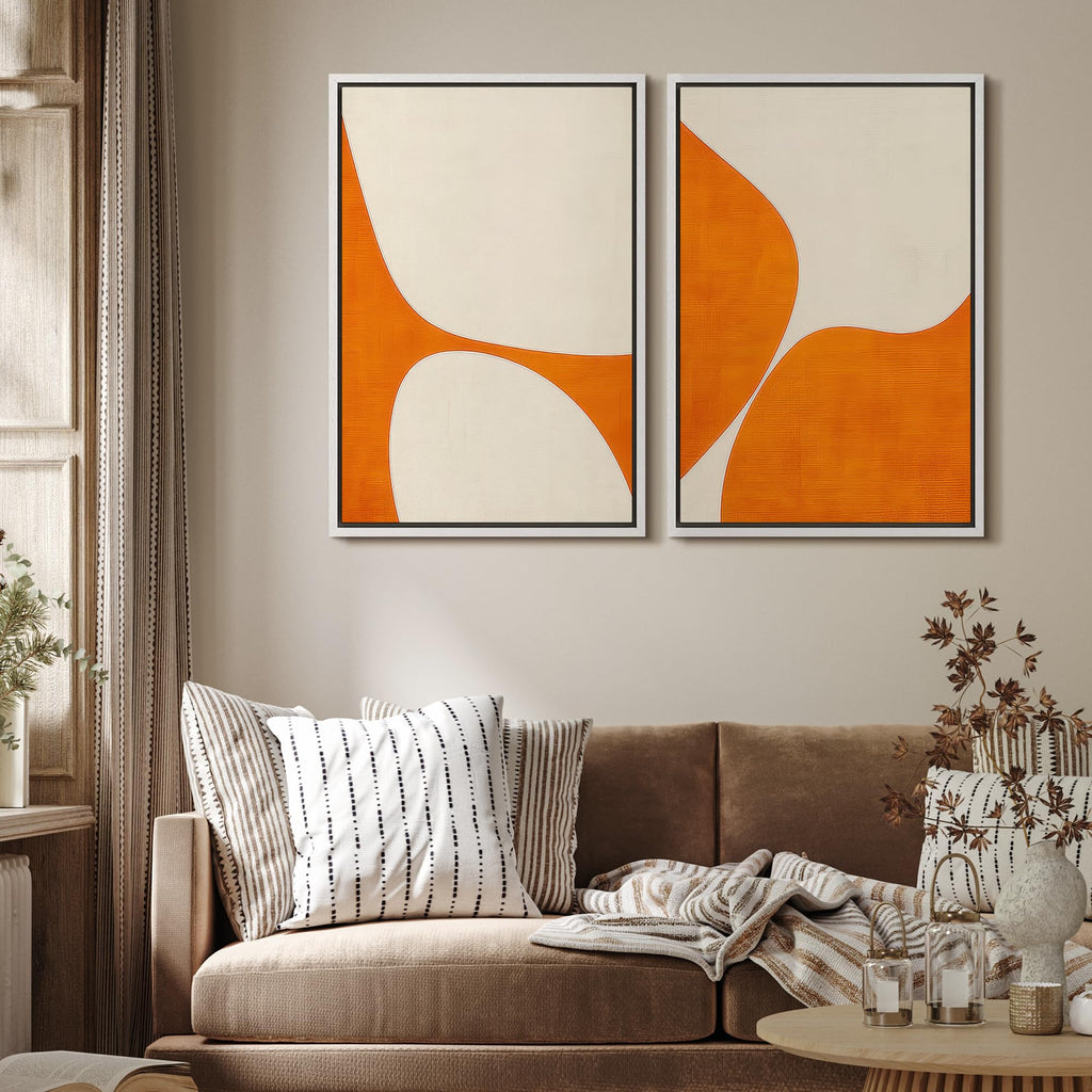 Framed Canvas Print Wall Art Set Orange and White Geometric Abstract Bold Mid-Century Illustrations Modern Art