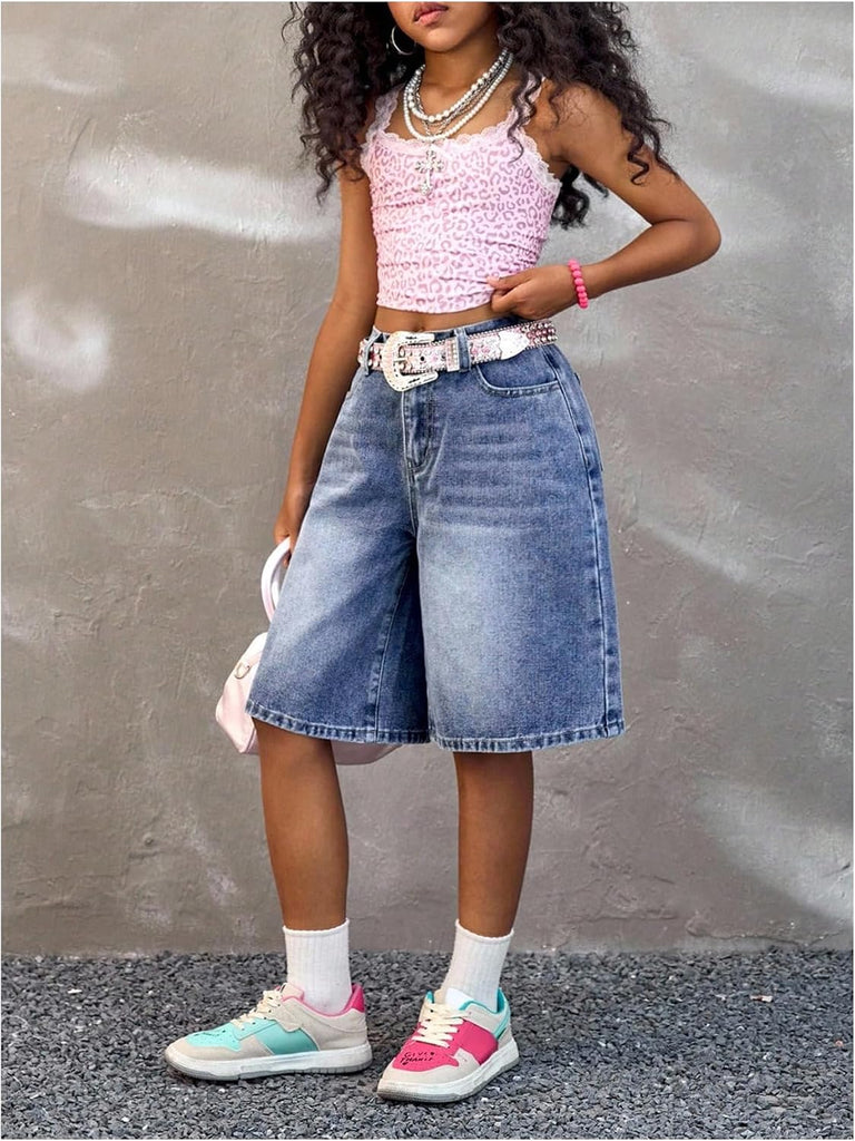 Girl's Baggy Jorts Elastic Waist Wide Leg Bermuda Denim Shorts