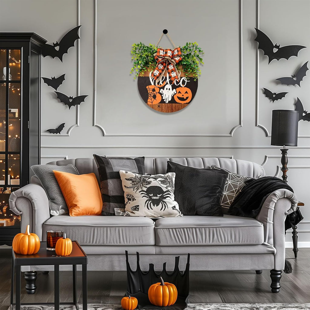 Halloween Boo Wreath Round Decorative Sign with Ghost and Pumpkin
