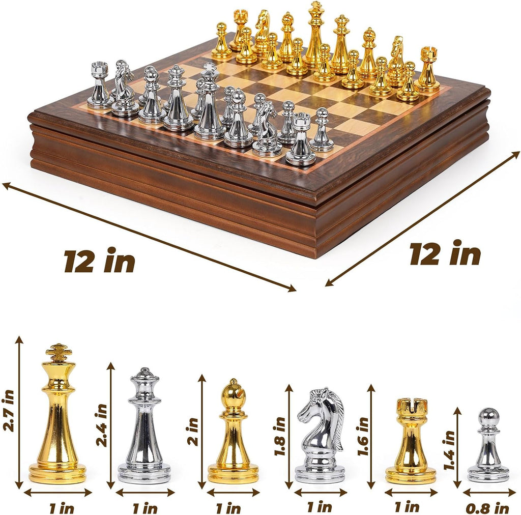 12-Inch Metal Chess Set with Wooden Board for Kids and Adults, Gold & Silver Chess Pieces, Portable Small Chess Board