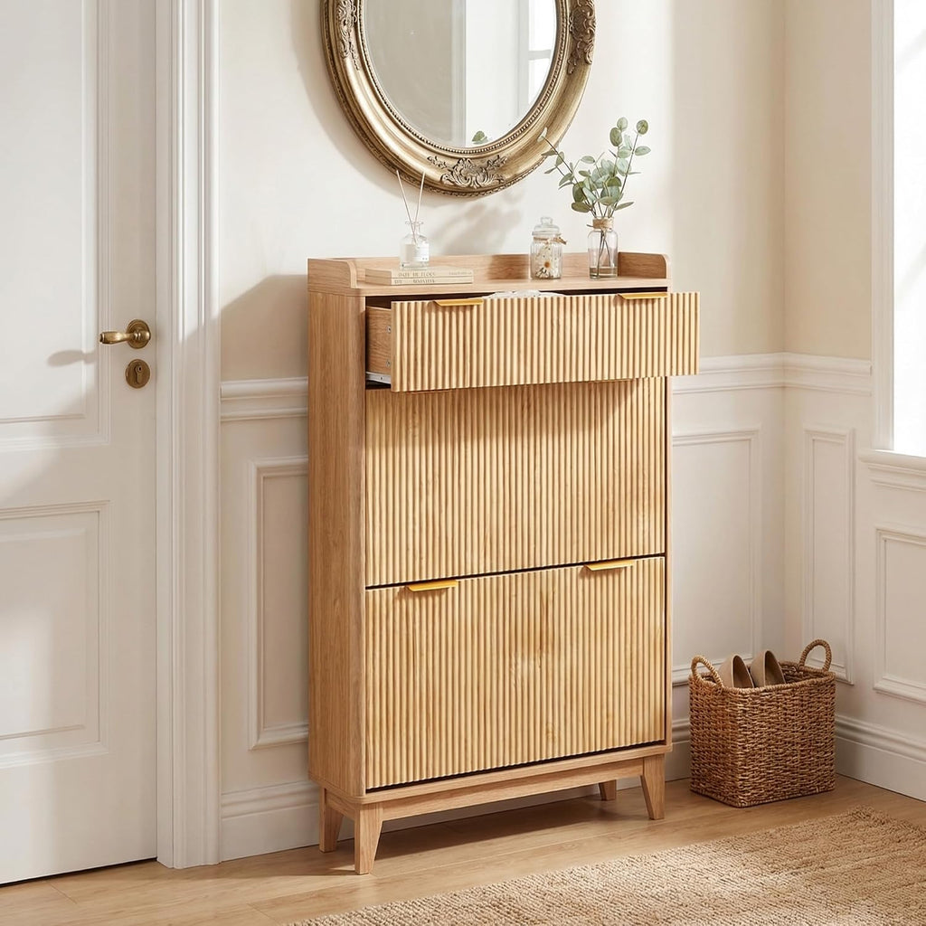 Wood Fluted Shoe Organizer - Slim Shoe Cabinet with 2 Flip Drawers & 1 Drawer, Narrow Shoe Cabinet with Adjustable