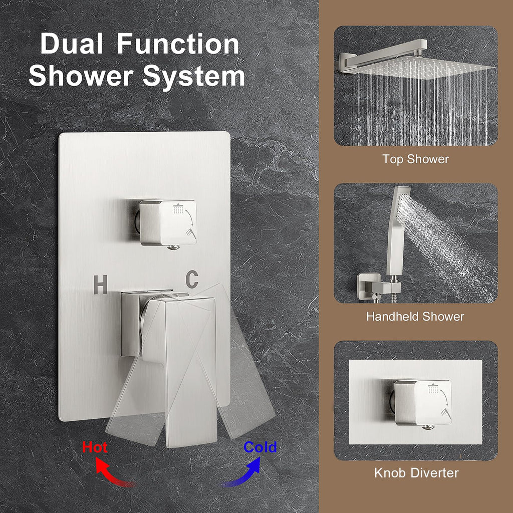 12 Inch Brushed Nickel Shower System, Wall Mounted High Pressure Rain Shower Head with Handheld Sprayer, Bathroom