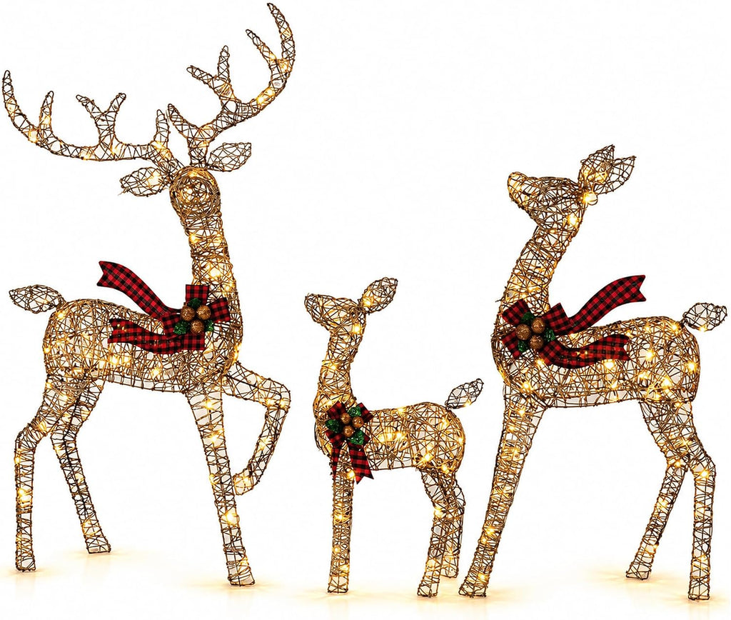 4.83FT 3-Piece Large Lighted Christmas Deer Family Set Rattan