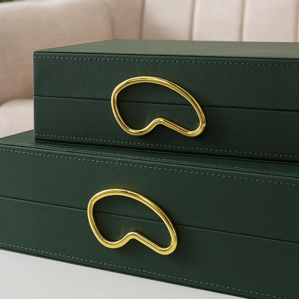 Faux Leather Boxes with Lids, Forest Green - Set of 2