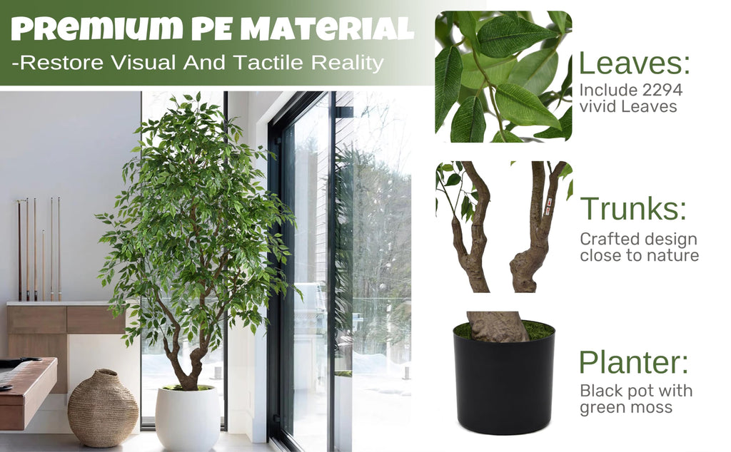 Artificial Ficus Tree 7FT with 2294 Leaves & Black Pot Deluxe