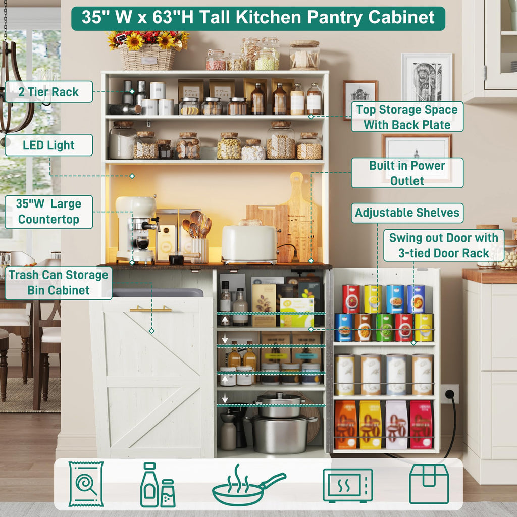 63" H Pantry Cabinets with 10 Gallon Trash Can, Led Light, Outlet, 35" W Kitchen Hutch with Tilt Out Trash Can
