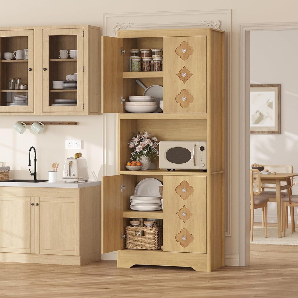 72" Tall Pantry Cabinet, Kitchen Hutch Storage Cabinet with Countertop for Microwave, Freestanding Wooden Cupboard