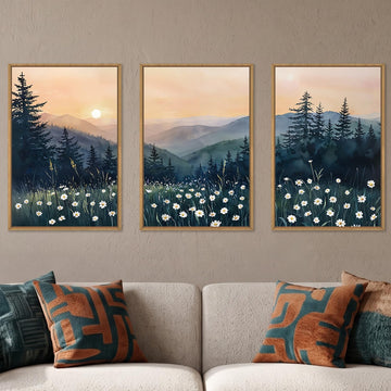 Mountain Floral Landscape Framed Canvas Wall Art Set, Watercolor Forest Wall Decor, Misty Pine Tree Art Prints, Nature
