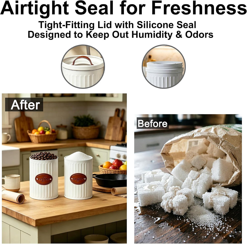 Metal Food Canister Set, 37oz, White, Airtight, for Coffee, Sugar, Beans, Pods, Rustic Farmhouse Kitchen - Set of 2