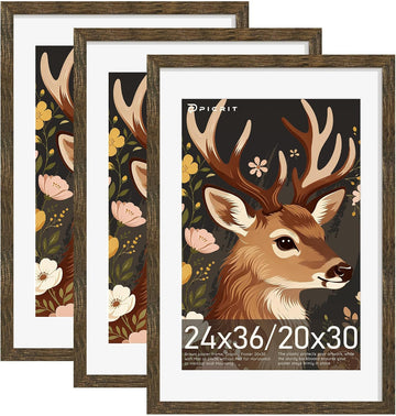 24x36 Rustic Brown Poster Frame, Picture Frame for Wall, 3 Pack | Fits 20x30 Photos With Mat or 24x36 Without Mat
