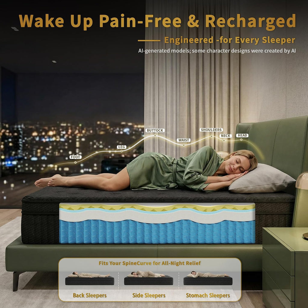 King Size Mattress, 12 Inch Cooling Hybrid, Medium Firm Pocket Coil | Bamboo charcoal foam and Euro top add