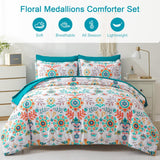Boho Comforter Set Queen - 7 Pieces Bed in a Bag Floral Medallions Design, Bohemian Comforter Set with Sheets