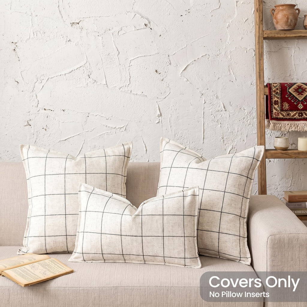 Cream White Plaid Minimalist Linen Decorative Pillow Covers 20x20 Set of 2