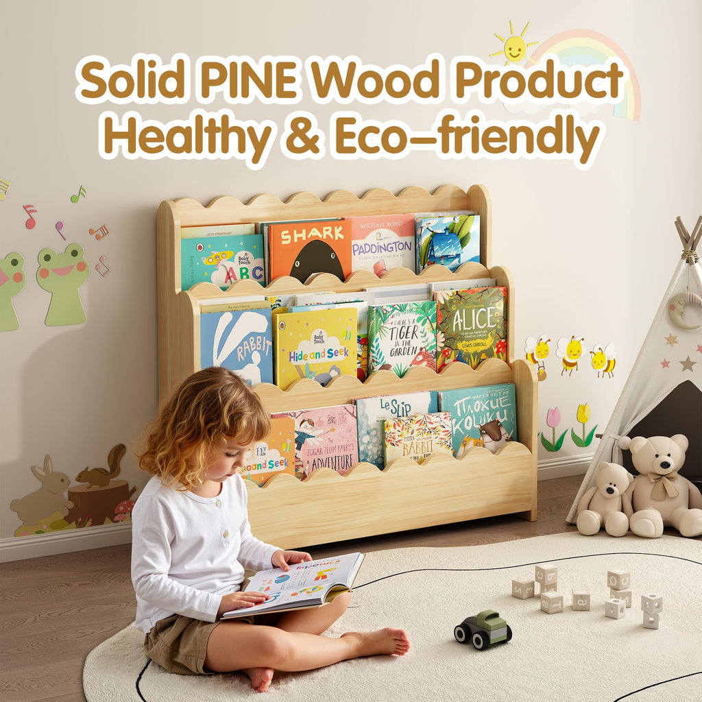 3-Tier Solid Pine Wood Scalloped Bookshelf, Natural
