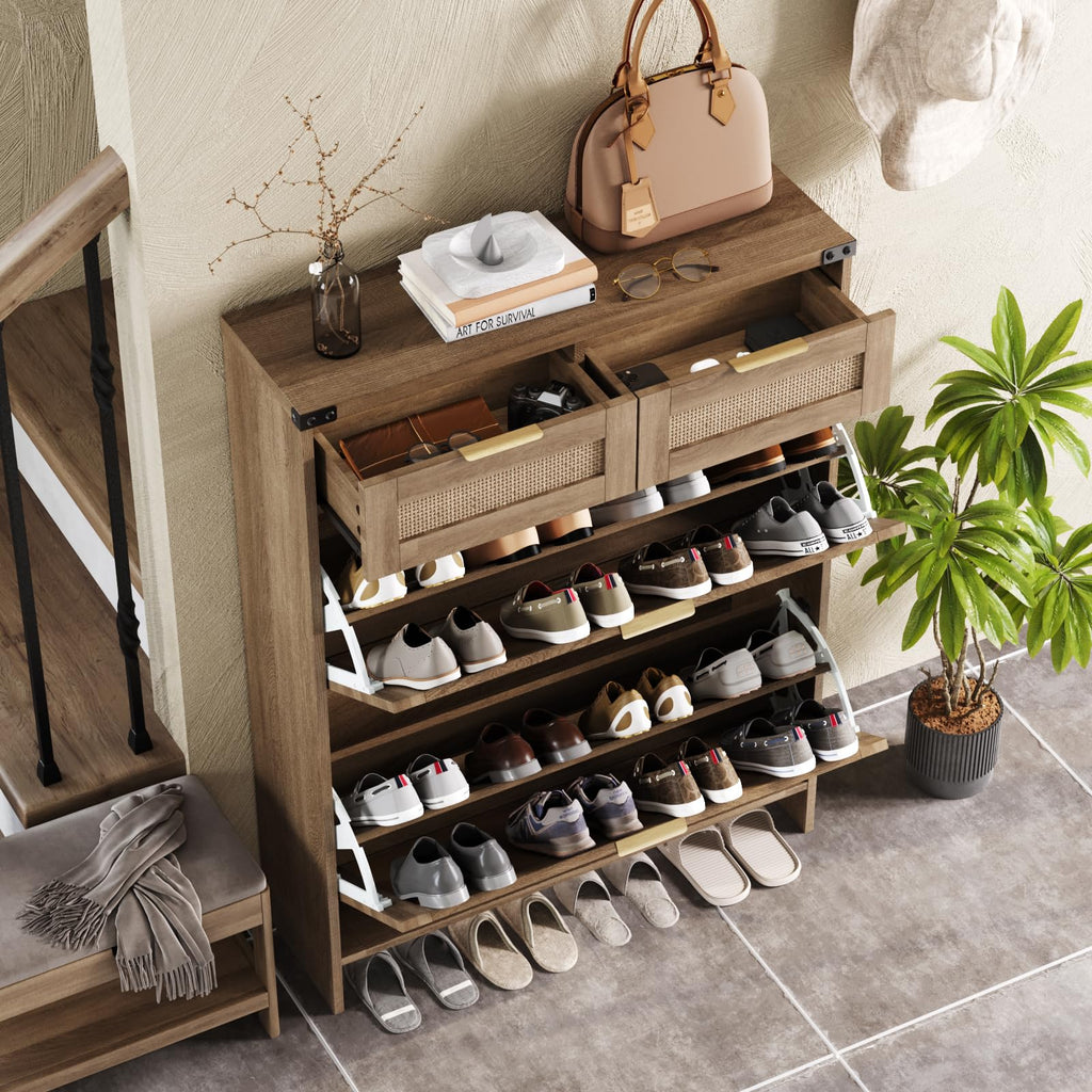 Shoe Cabinet with 2 Flip Drawers & 2 Drawers, Farmhouse Shoe Storage Cabinet, Slim Freestanding Narrow Organizer Rack
