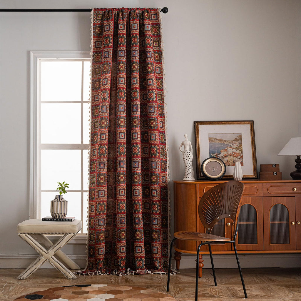Patchwork 84 Inch Curtains Boho Drapes Bedroom Jacquard Bohemian Floor Length Window Curtains 2 Panels Semi Sheer Rod