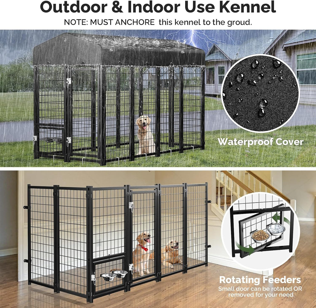 2PCS Outdoor Dog Kennel Outside Run with Doggy Door, Swivel Feeder&Roof - 8x4x6FT Large Dog Kennels Pens Outside