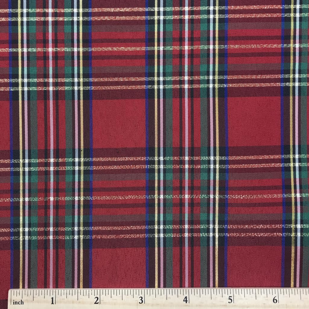 72x57 Inch Red & Green Lurex Tartan Plaid Taffeta Fabric with Metallic Gold