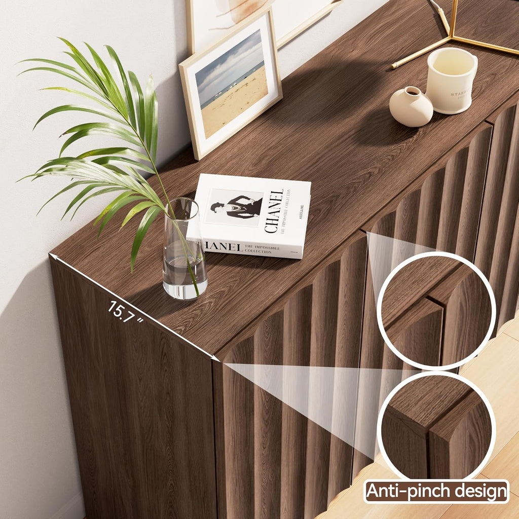 Modern Buffet Cabinet with Storage, 63" Wide Fluted Arched Sideboard Cabinet with Adjustable Shelves, Wooden Modular