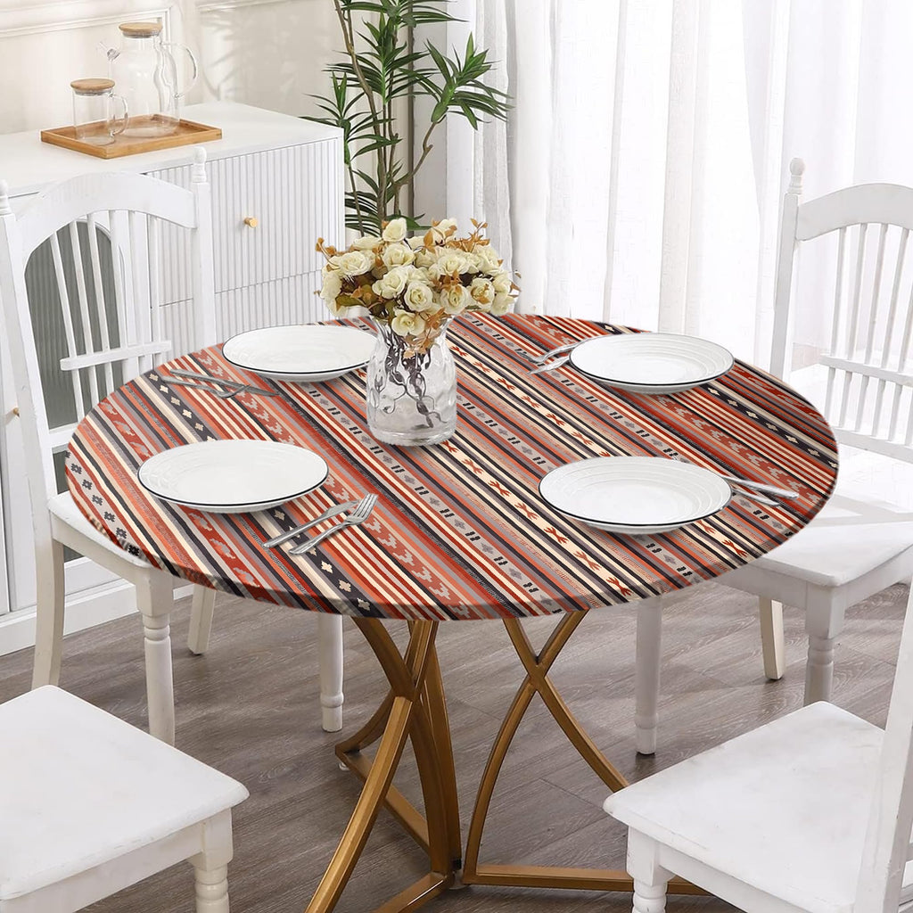 Boho 42 Inch Round Fitted Cloth Tablecloth with Elastic Edged, Waterproof Oil Proof Wipeable Table Cover for Indoor