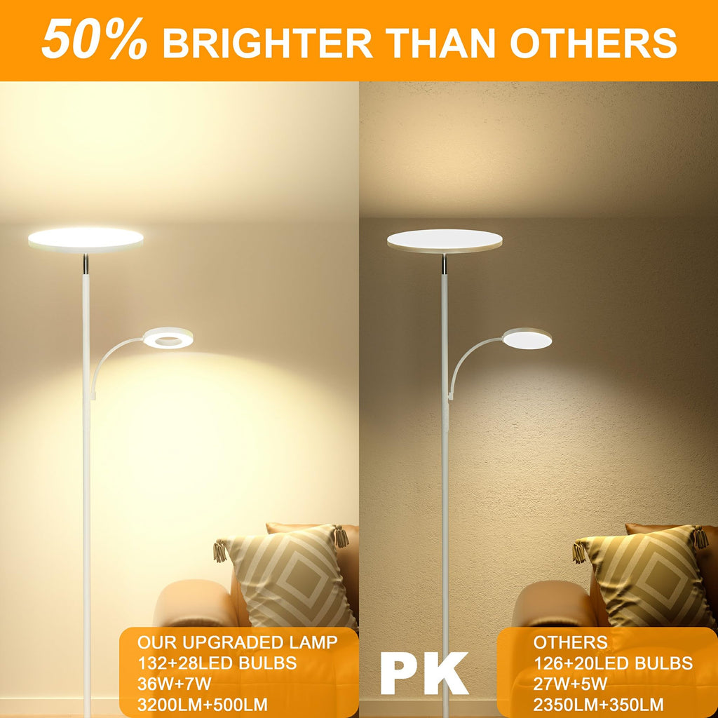 White Floor Lamp, 42W Super Bright LED Room Lamp with Adjustable Reading Light, Dimmable Modern Standing Lamp